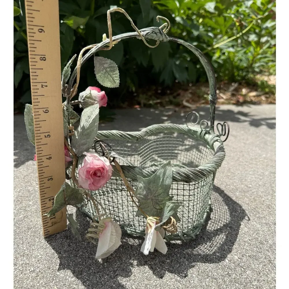 Vintage Heart Shaped Metal Wire Basket with Roses